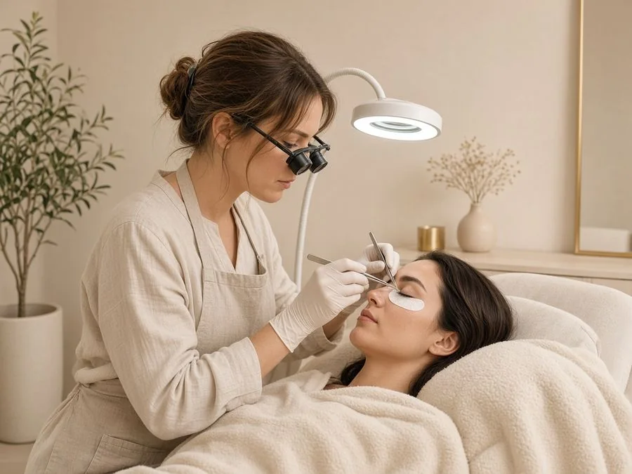 Lash stylistka pracuje na řasách klientky ležící pod dekou